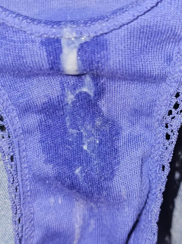 紫色のパンティの股間部分にマン汁がべっとり付着している様子をクローズアップで捉えた一枚